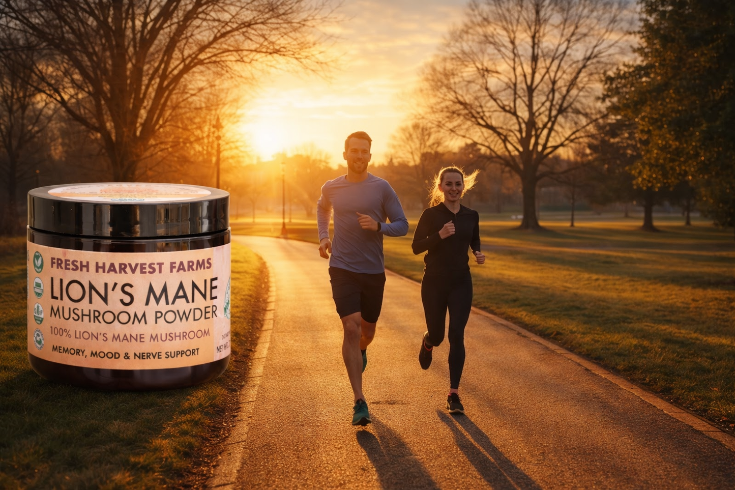 two people running in the morning with lions mane mushroom powder jar