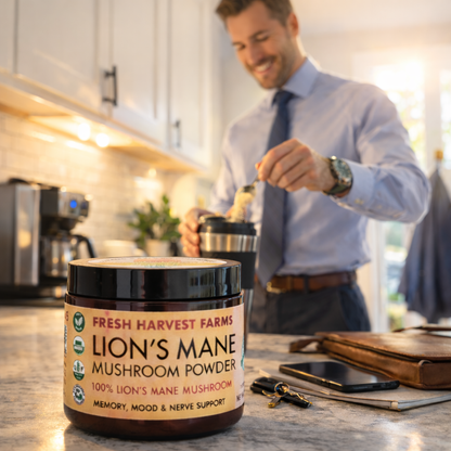 man adding lions mane mushroom powder to his morning coffee before work