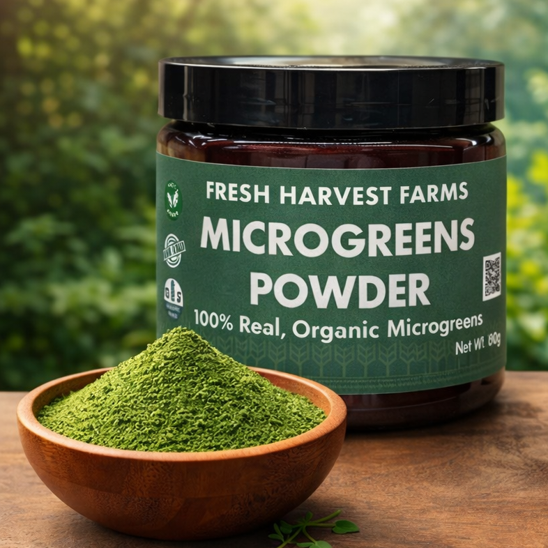 Jar of Fresh Harvest Farms Microgreens Powder with a bowl of green powder on a wooden surface.