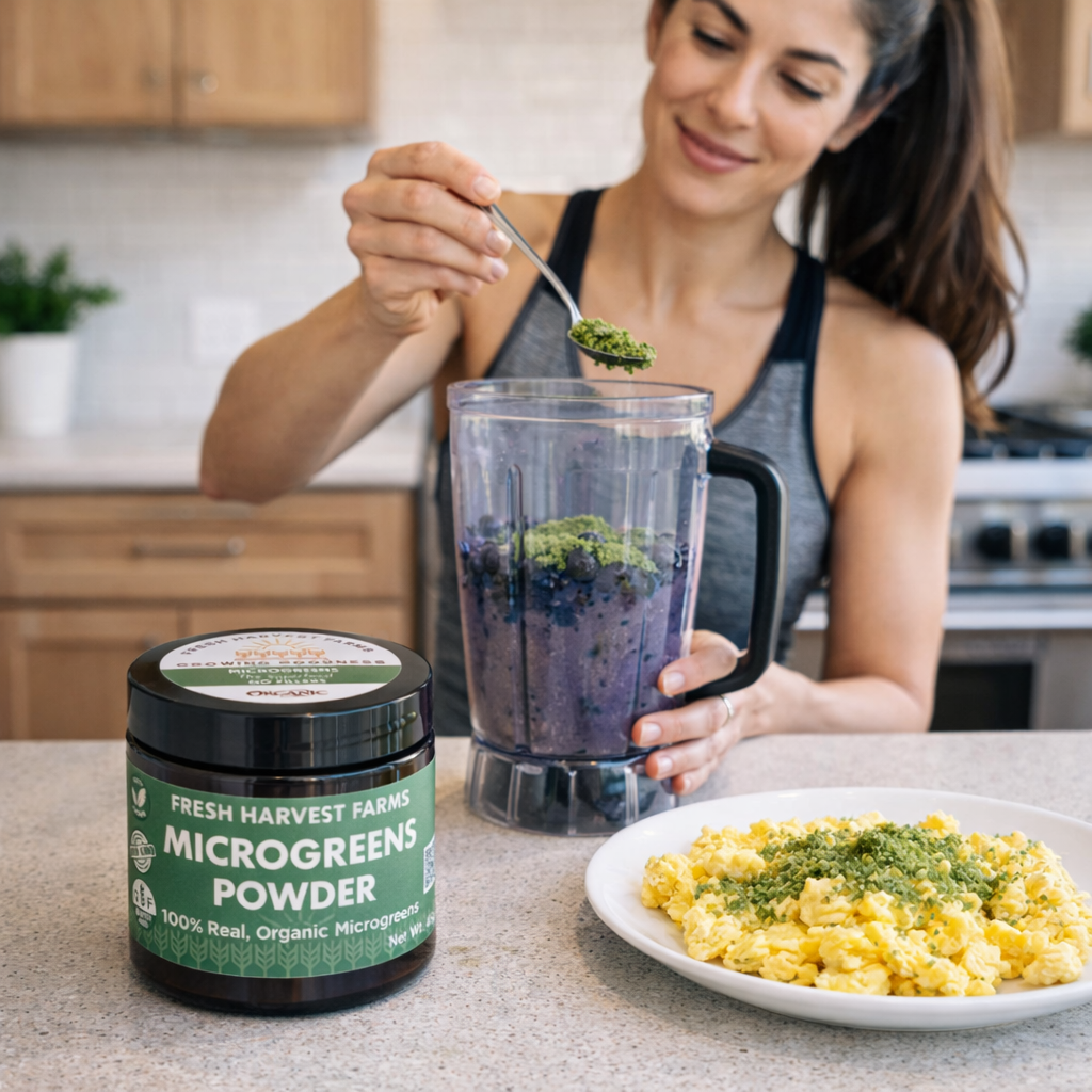woman adding microgreens powder to her smoothie