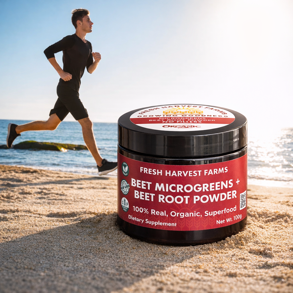 man running on beach with beet powder jar
