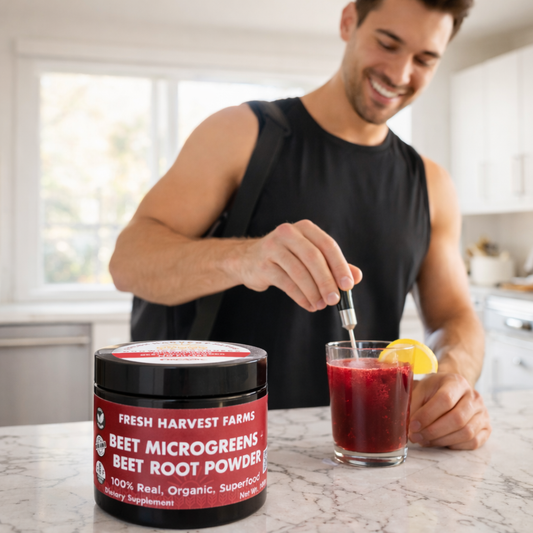 Man adding beet root powder to a glass of juice in a kitchen setting.