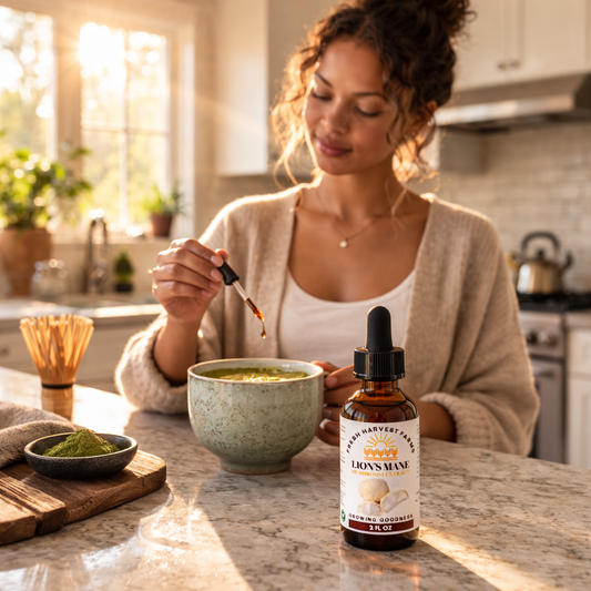 woman adding lions mane extract to morning matcha tea