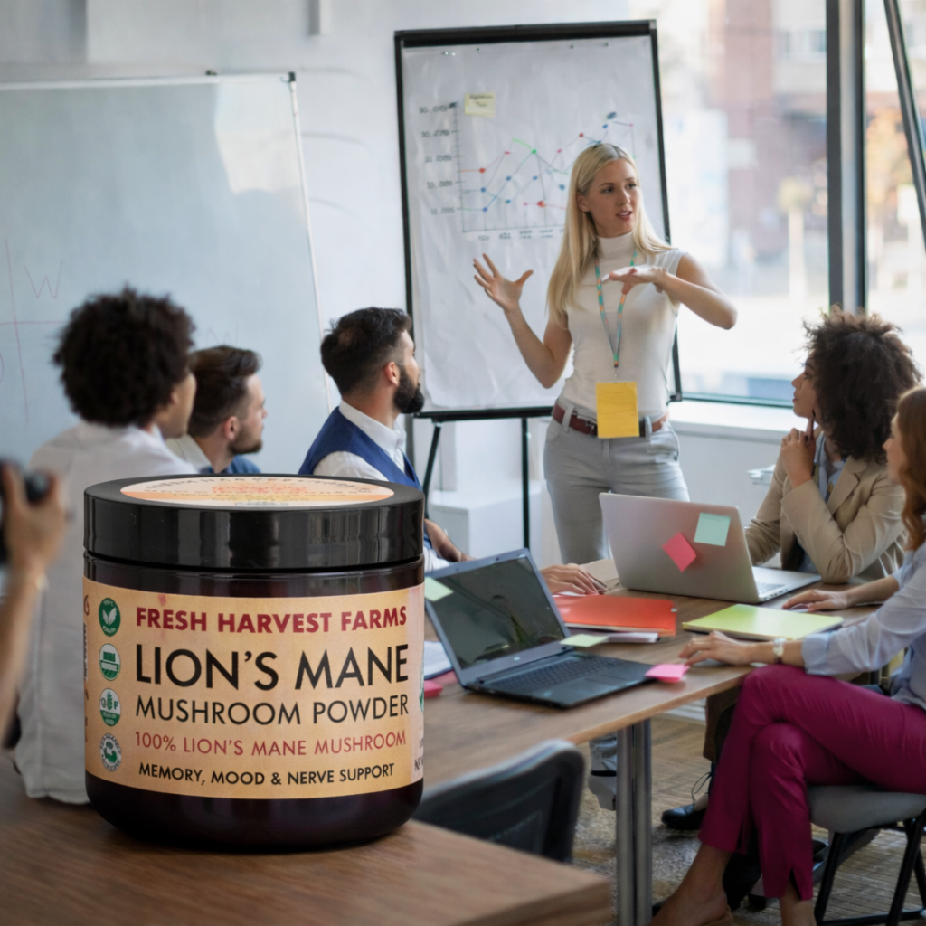 woman giving a presentation focused at work with lions mane mushroom powder jar