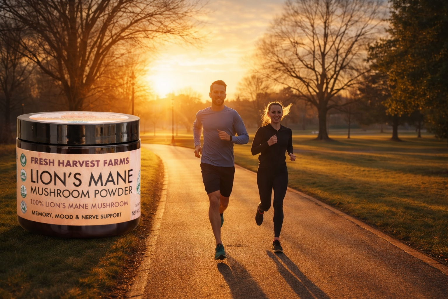two people running in the morning with lions mane mushroom powder jar
