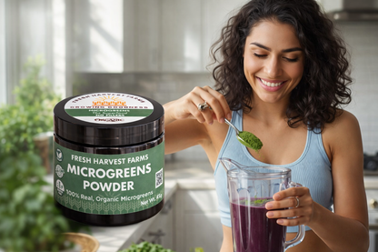 Woman in a kitchen using Fresh Harvest Farms Microgreens Powder