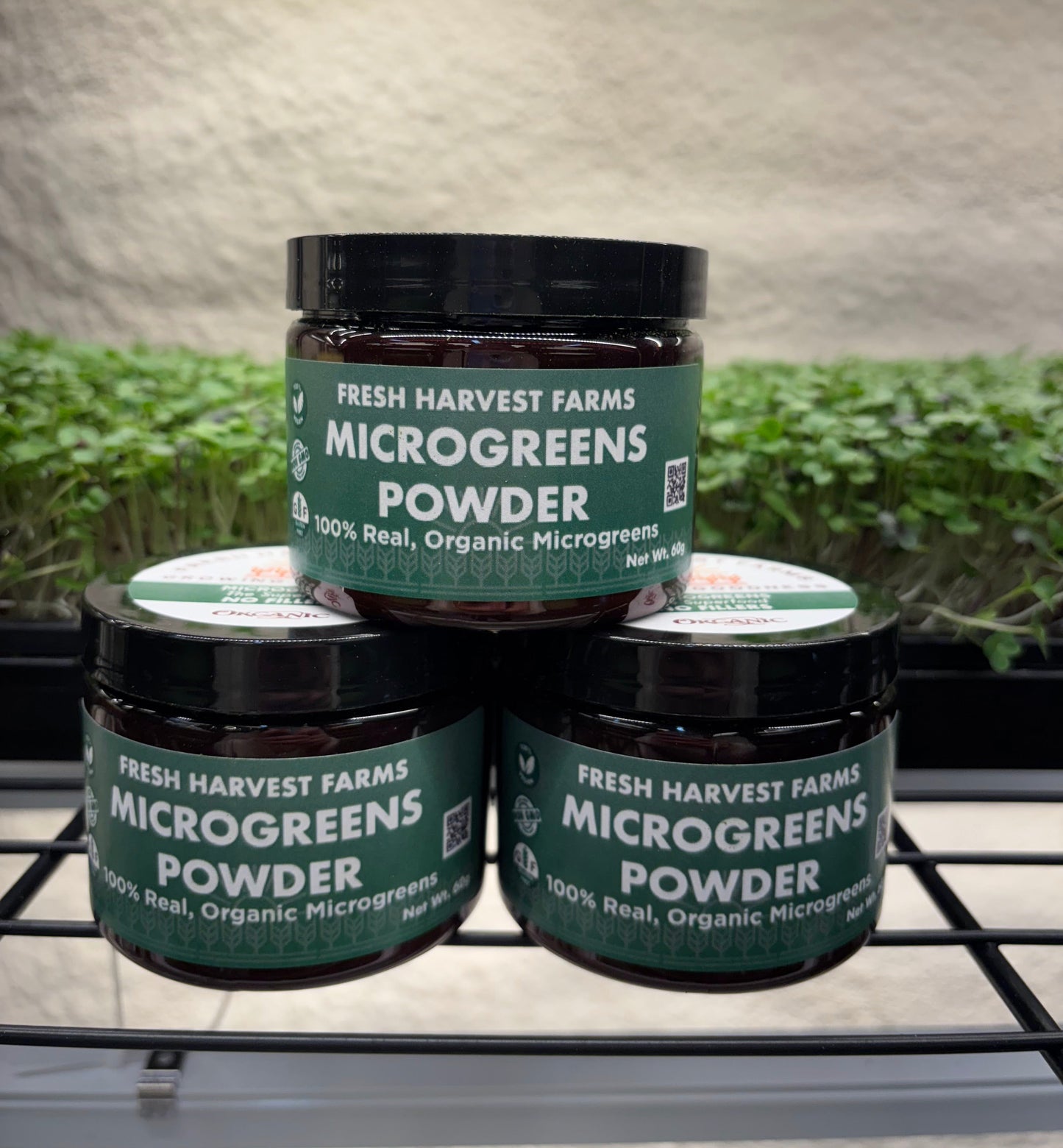 microgreens powder jars in grow farm
